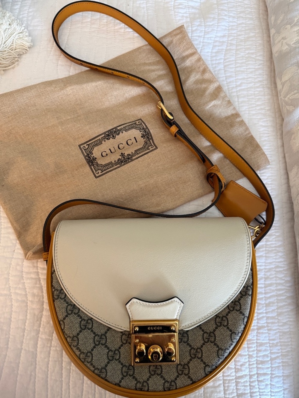 Gucci crossbody padlock, saddle, off-white, and rust